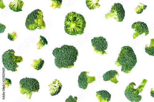 Broccoli Vegetable Pattern. Summer abstract background. Broccoli isolated on the white background,