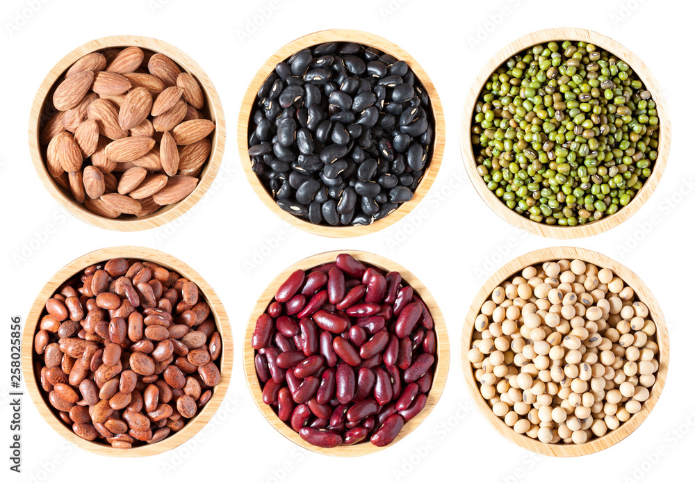 Collection of beans in wooden bowl isolated on white background, soybean, black, green, pinto, kidney red and almond, with clipping path Collection of beans in wooden bowl isolated on white background, soybean, black, green, pinto, kidney red and almond, with clipping path