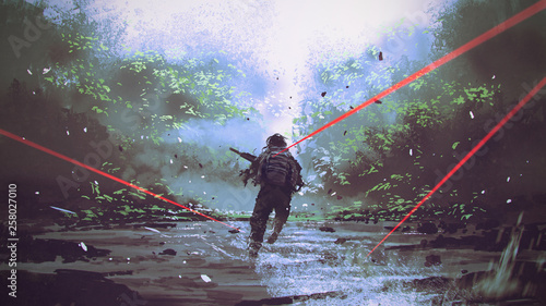 Fototapeta żołnierze uciekający przed atakiem wroga, cyfrowy styl sztuki, malowanie ilustracji