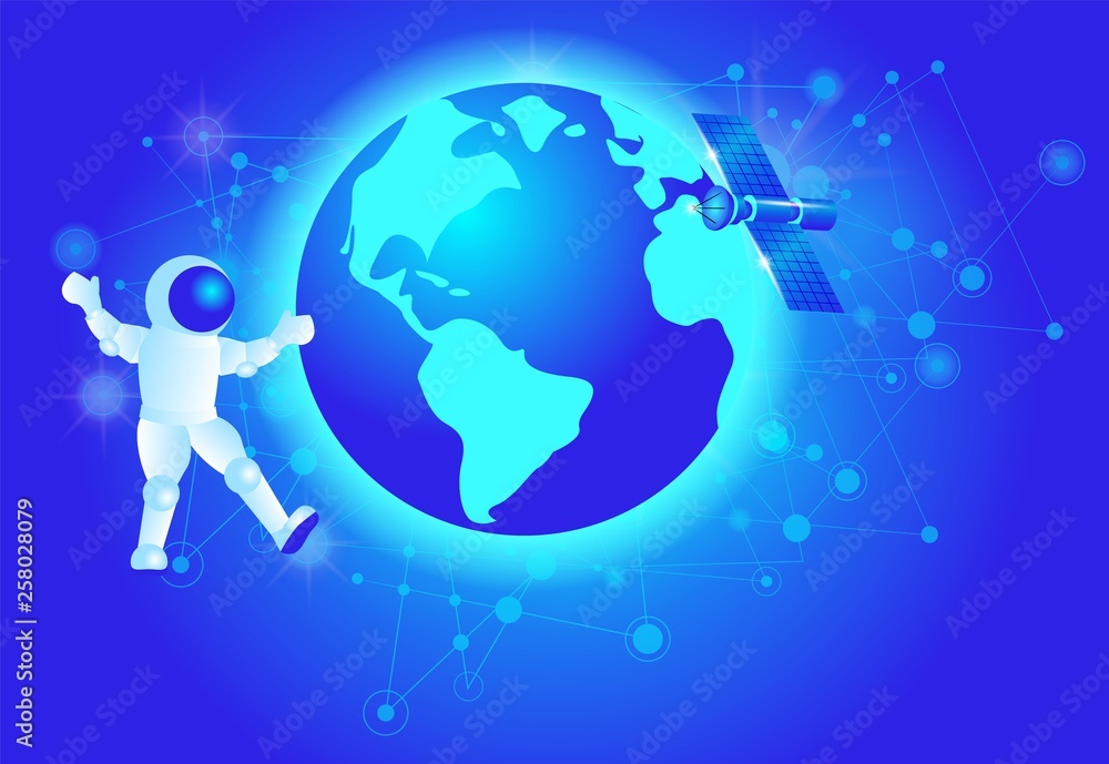 Astronaut in Outer Space. Spaceship Orbiting Earth Astronaut in Outer Space. Spaceship Orbiting Earth
