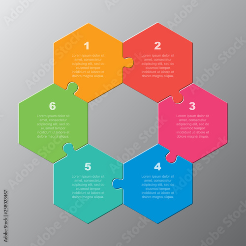 Vector jigsaw puzzle hexagon info graphic 6 steps.