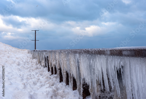 icicles on breakwater wall along Lake Michigan in Chicago
