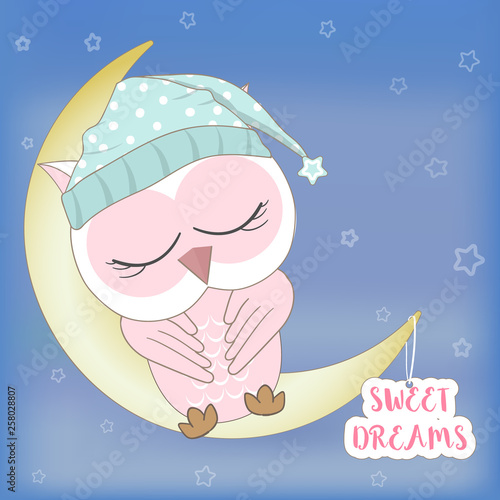 Cute pink owl sleeping with sweet dreams text animal cartoon illustration