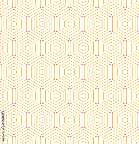 Geometric abstract vector hexagonal background. Geometric modern red and golden ornament. Seamless modern pattern