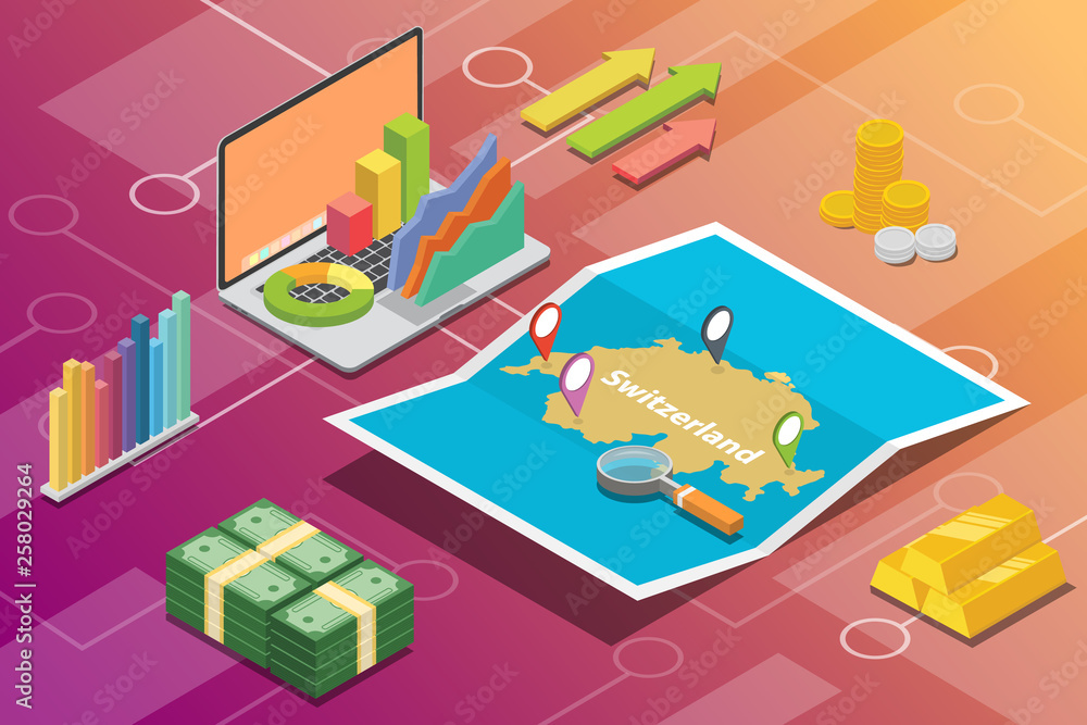 switzerland isometric business economy growth country with map and finance condition - vector switzerland isometric business economy growth country with map and finance condition - vector