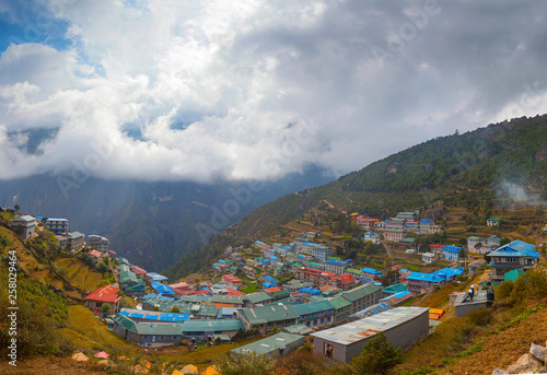 Everest Base Camp Trek. View of the Himalayan valley. The village of Namche bazar. Nepal photo