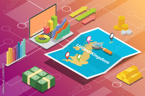 united kingdom uk isometric business economy growth country with map and finance condition - vector