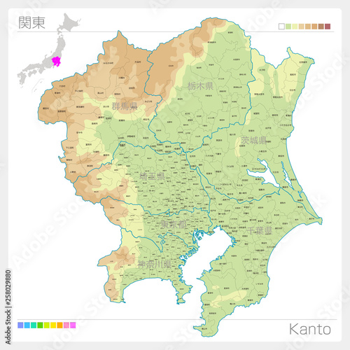 関東の地図・Kanto（等高線・色分け）