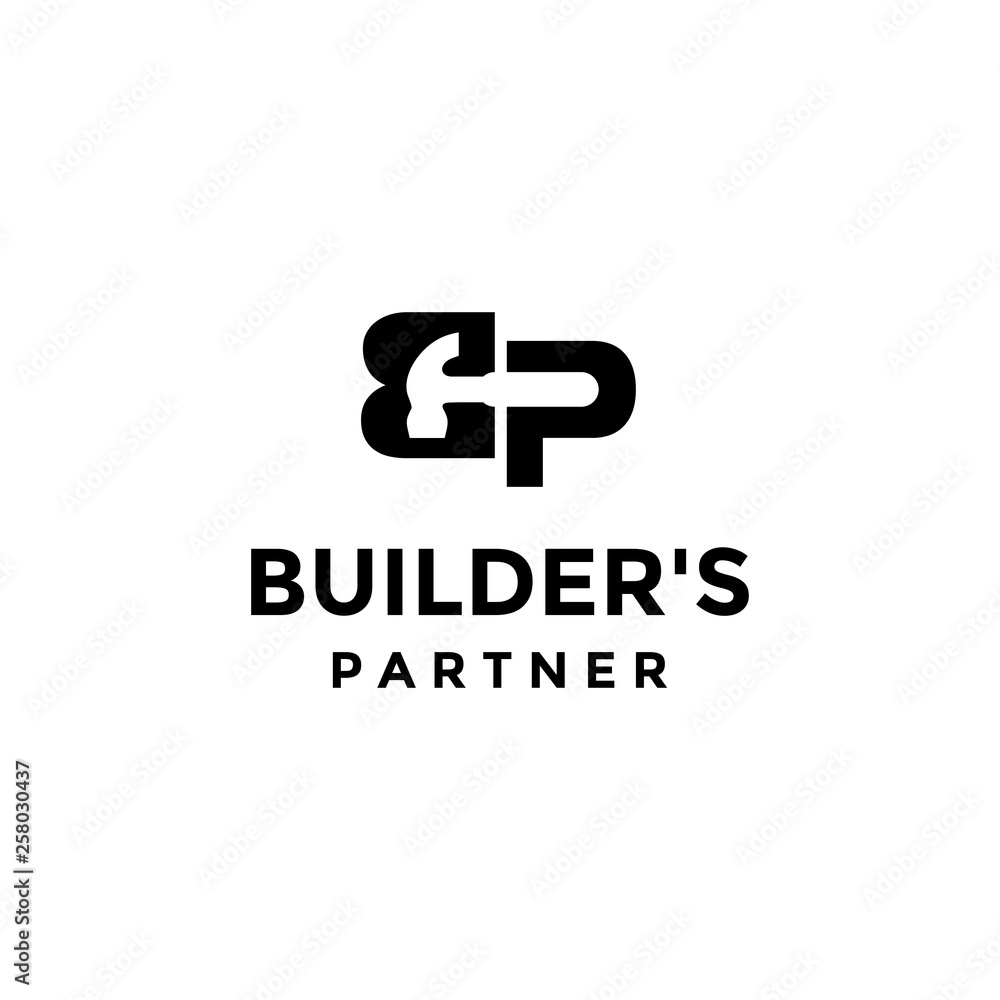 illustration logo combination from letter B and P with hammer on the negative space logo design concept