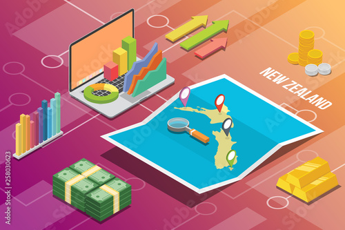 new zealand isometric business economy growth country with map and finance condition - vector