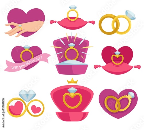 Wedding and engagement rings isolated accessory on hand or pillow