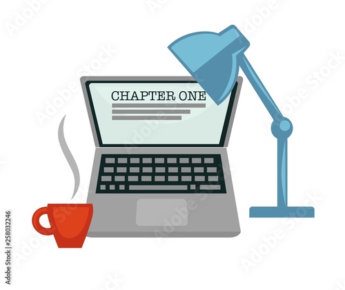 Chapter one writing novel laptop and lamp coffee cup