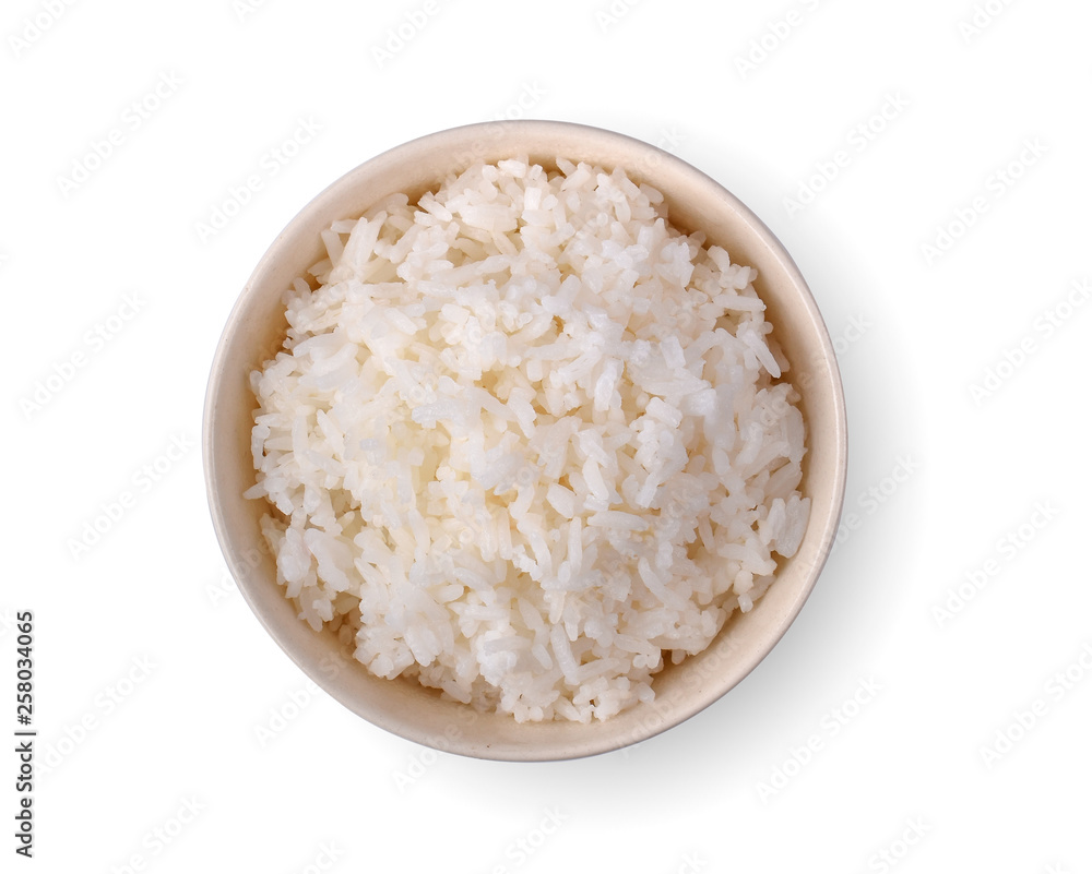 bowl full of rice on white background.