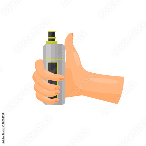 Hand holding vape on white background. Vaping time.