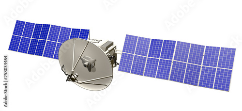 orbital satellite industrial illustration - spaceship with big solar power panels isolated on white - 3D Illustration