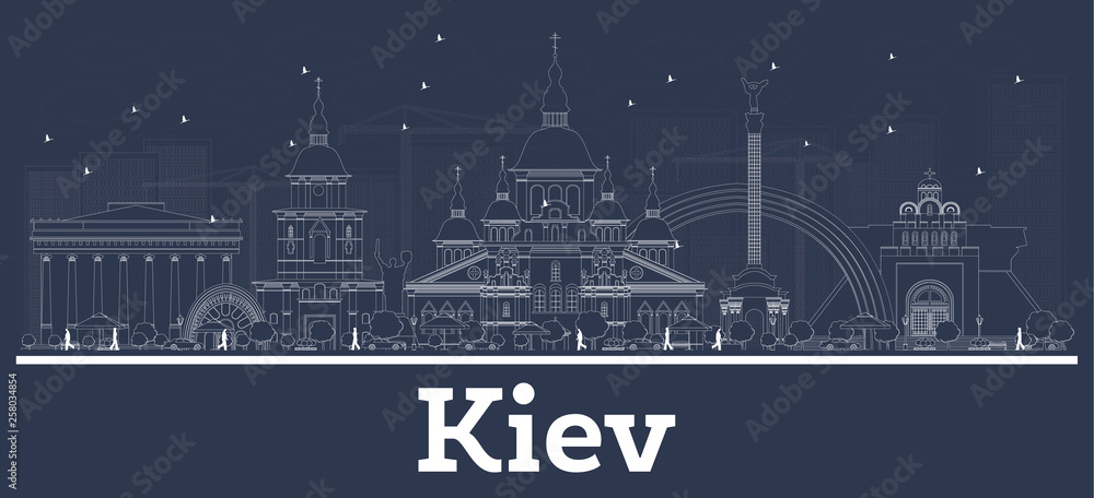 Outline Kiev Ukraine City Skyline with White Buildings.
