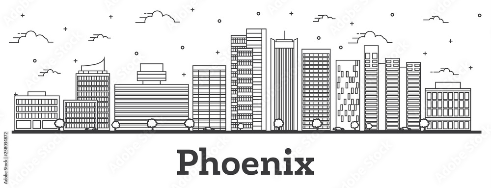 Outline Phoenix Arizona City Skyline with Modern Buildings Isolated on White.