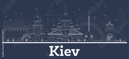 Outline Kiev Ukraine City Skyline with White Buildings.