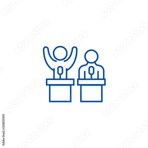 Debates,lecture,cogency,persuasion line concept icon. Debates,lecture,cogency,persuasion flat  vector website sign, outline symbol, illustration.