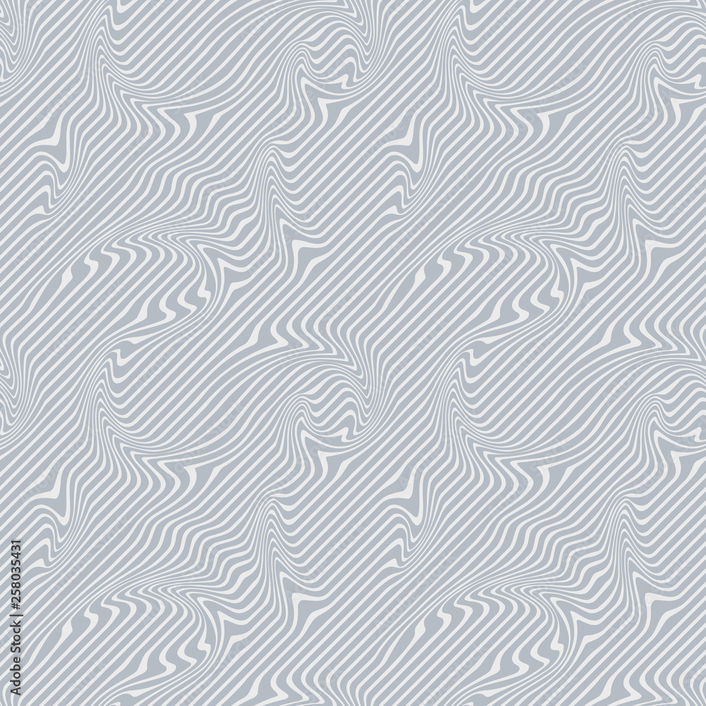 Obraz premium Abstract Illustration of Op Art - Wave Stripes. Gray and White Striped Background with Geometric Pattern and Visual Distortion Effect. Optical illusion and Curved lines