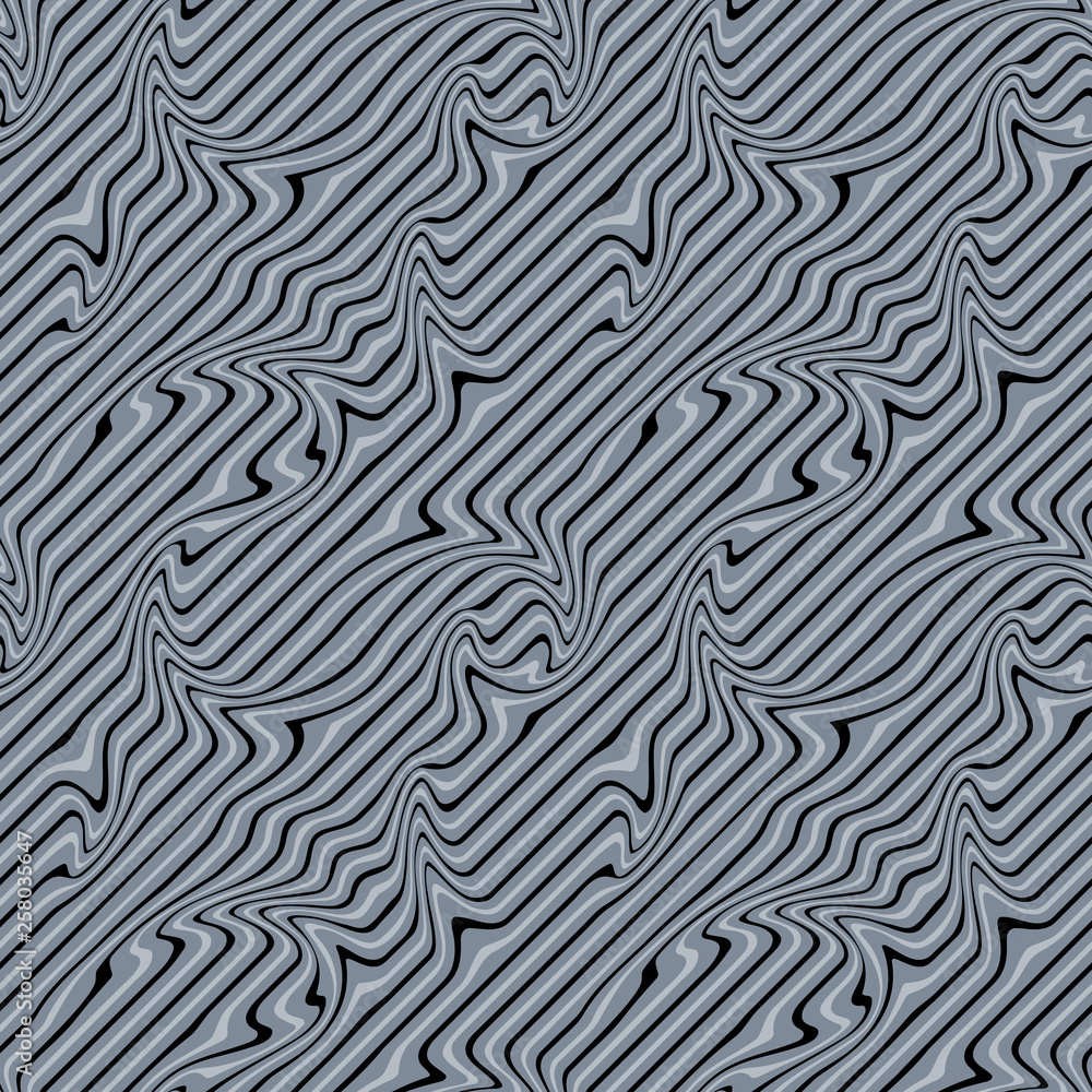 Abstract Illustration of Wave Stripes on Black and Gray Background with Geometric Pattern and Visual Distortion Effect. Optical illusion and Curved lines