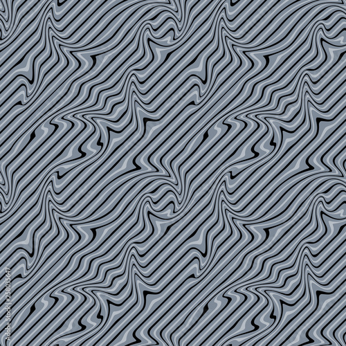 Abstract Illustration of Wave Stripes on Black and Gray Background with Geometric Pattern and Visual Distortion Effect. Optical illusion and Curved lines