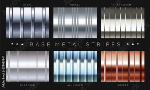 Six types stripes of base metal. Vector design. Steel, nickel, magnesium chromium, aluminum, and copper.