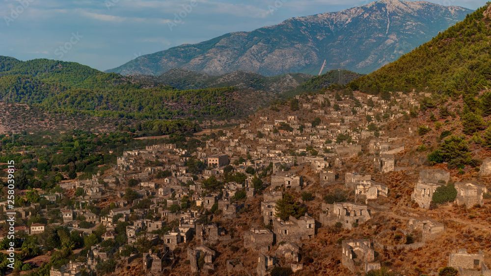 View of abandoned houses at village Kayakoy near Fethiye, Turkey, selective focus