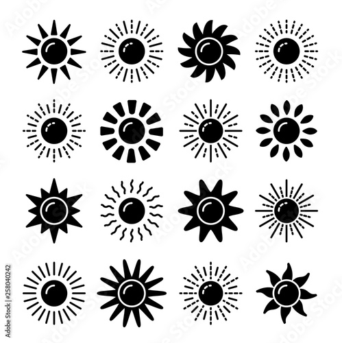 Sun symbol collection. Flat black & white vector icon set. Sunlight signs. Weather forecast. Isolated object