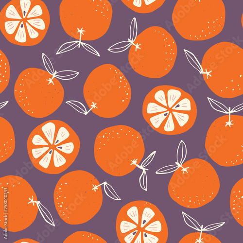 Whimsical colorful hand-drawn abstract doodle oranges vector seamless pattern on dark background