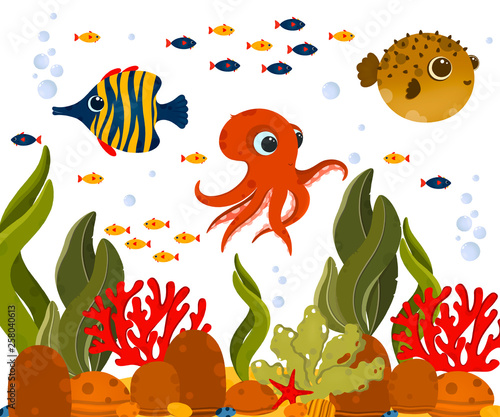 Underwater life postcard. Cute ocean animals and corals. Use for postcard, print, packaging, etc.