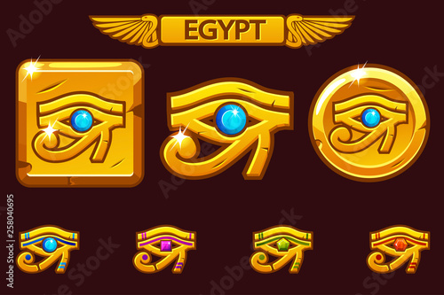 Egypt Eye of Horus with colored precious gems, golden icon on coin and square.