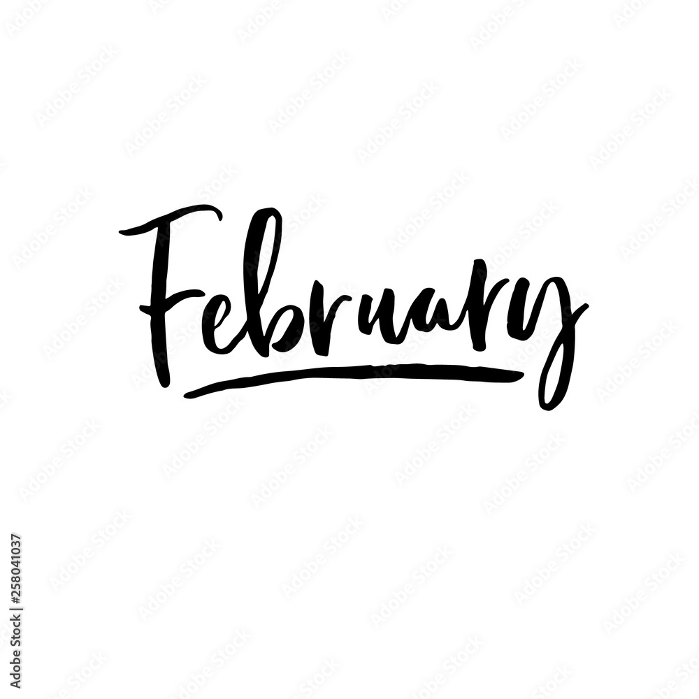 February lettering. Hand drawn vactor word. Ink handwritten text for calendar. Black illustration isolated on white backrground.