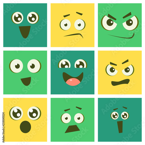 Cute Kawaii Emoticons Set, Emoji Squares with Funny Faces and Different Emotions Vector Illustration