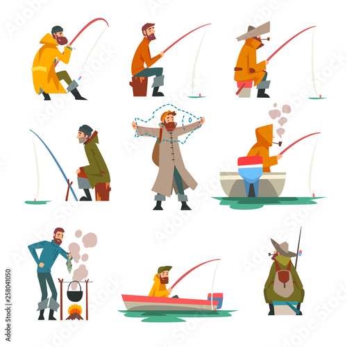 Fisherman Fishing with Fishing Rod and Cooking Soup on Bonfire Vector Illustration