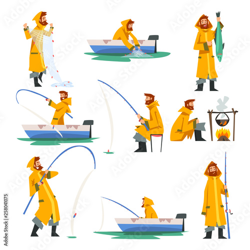 Fisherman Fishing with Net and Fishing Rod in Boat, Man Cooking on Bonfire Vector Illustration photo
