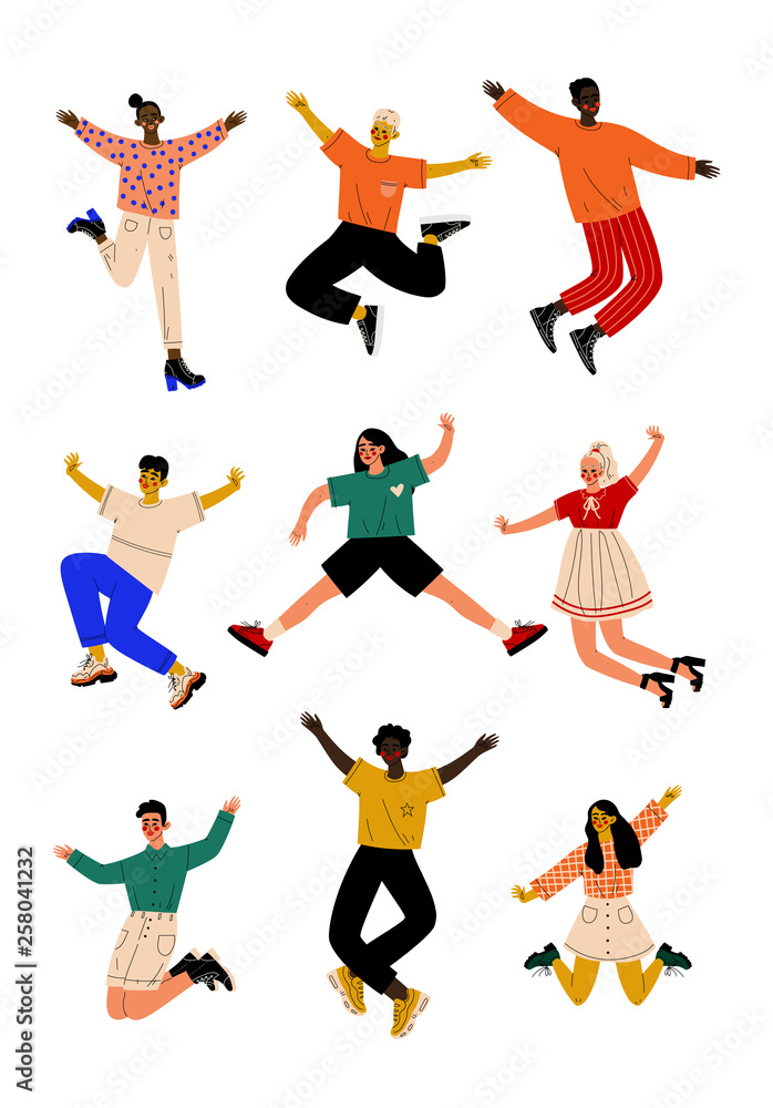 Happy People o Jumping, Young Men and Women Dancing Vector Illustration