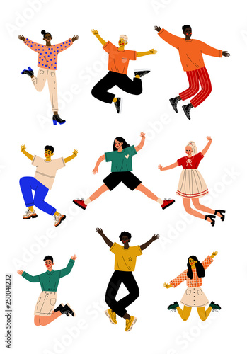 Happy People o Jumping, Young Men and Women Dancing Vector Illustration