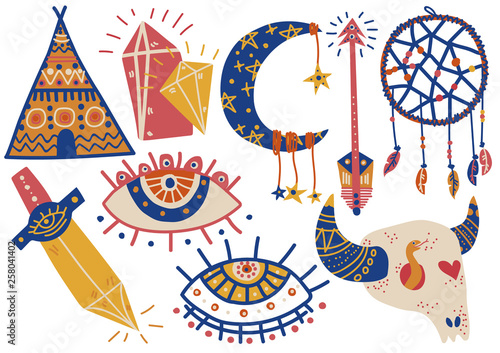 Boho Style Symbols Set, Indian Tent, Buffalo Skull, Dream Catcher, Eye, Arrow, Dagger Vector Illustration