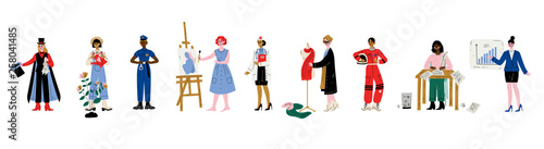 Women of Various Professions Set, Magician, Gardener, Police Officer, Artist, Doctor, Fashion Designer, Writer, Aastronaut, Businesswoman Vector Illustration