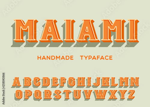 Maiami. Vintage 3d alphabet. Sign Inspired Super Detailed Realistic Retro Typeace. Vector Illustration.
