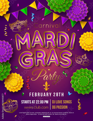 Mardi Gras party poster. Shrove tuesday. Vector illustration