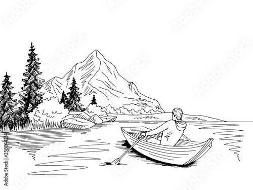 Man rowing in a boat lake mountain graphic black white landscape sketch illustration vector