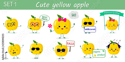 Set of ten cute kawaii yellow apples characters in various poses and accessories in cartoon style. Vector illustration, flat design