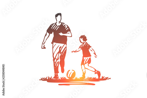 Father, ball, sport, son, family concept. Hand drawn isolated vector.