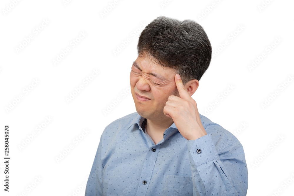 A middle-aged man suffering from headache on white background. A middle-aged man suffering from headache on white background.