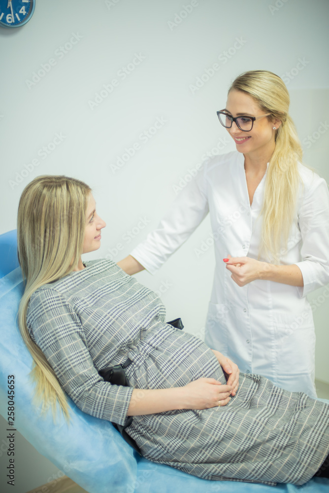 Fototapeta premium Young pregnant woman taking consultation at doctor's office. Beautiful gynecologist and young pregnant woman meet in hospital