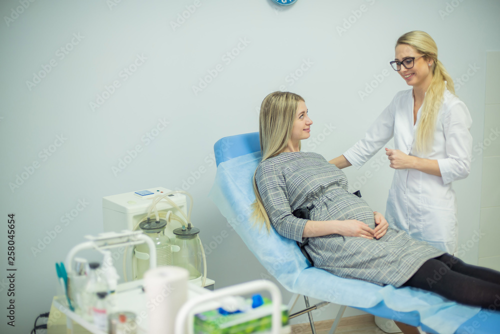 Fototapeta premium Young pregnant woman taking consultation at doctor's office. Beautiful gynecologist and young pregnant woman meet in hospital