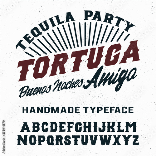 Tortuga. Serif font. Vintage handmade typeface. Original hand made font and logotype. Hipster style. Retro and vintage hadmade logo and font. Print on clothes, sticker.