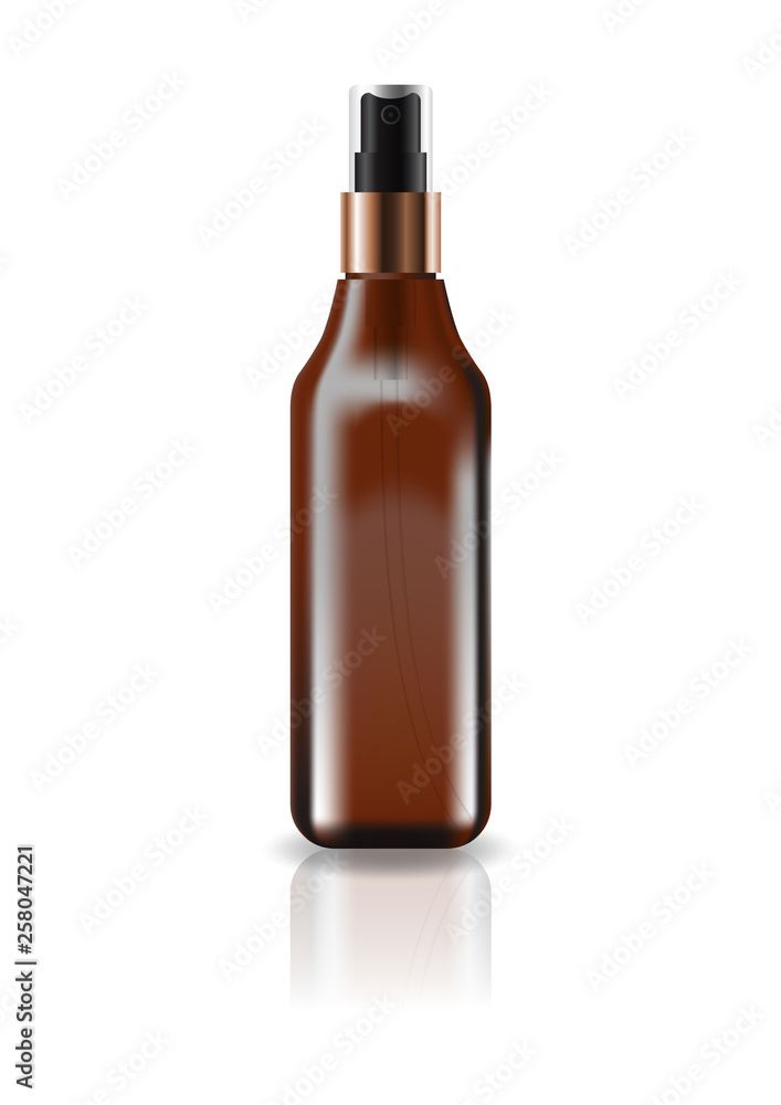 Blank brown cosmetic square bottle with pressed spray head for beauty or healthy product. Isolated on white background with reflection shadow. Ready to use for package design. Vector illustration. Blank brown cosmetic square bottle with pressed spray head for beauty or healthy product. Isolated on white background with reflection shadow. Ready to use for package design. Vector illustration.